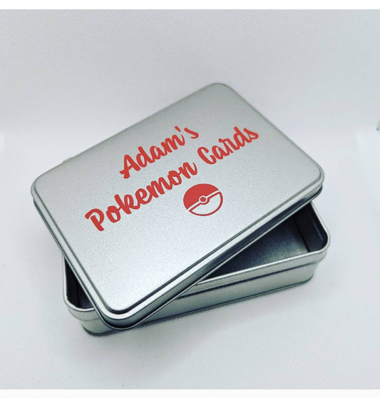 Custom Pokémon Card Storage Tin | Silver Colour Metal Travel Tin |